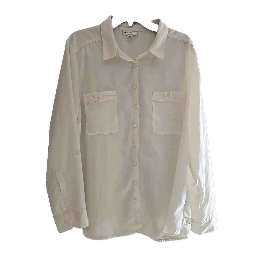 Studio Works Beige Pockets Long Sleeve Casual Button Down Shirt Womans Size XL